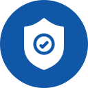 A blue circle featuring a white shield icon with a checkmark inside, symbolizing security and protection, is reminiscent of the assurance found in premium dog daycare services.
