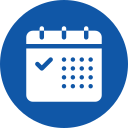 Icon of a white calendar on a blue circle background, featuring a checkmark on one of the days, ideal for scheduling pet grooming or dog boarding appointments.