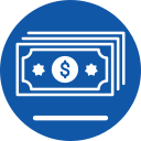 Icon of stacked dollar bills in white on a blue circular background, reminiscent of savings for pet grooming.