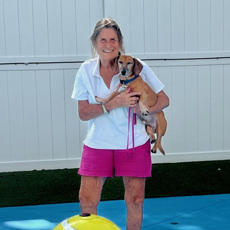 A smiling woman in a white shirt and pink shorts holds a small brown dog, enjoying their time at the pet resort. They stand on blue flooring with a large yellow ball nearby and a white fence in the background.